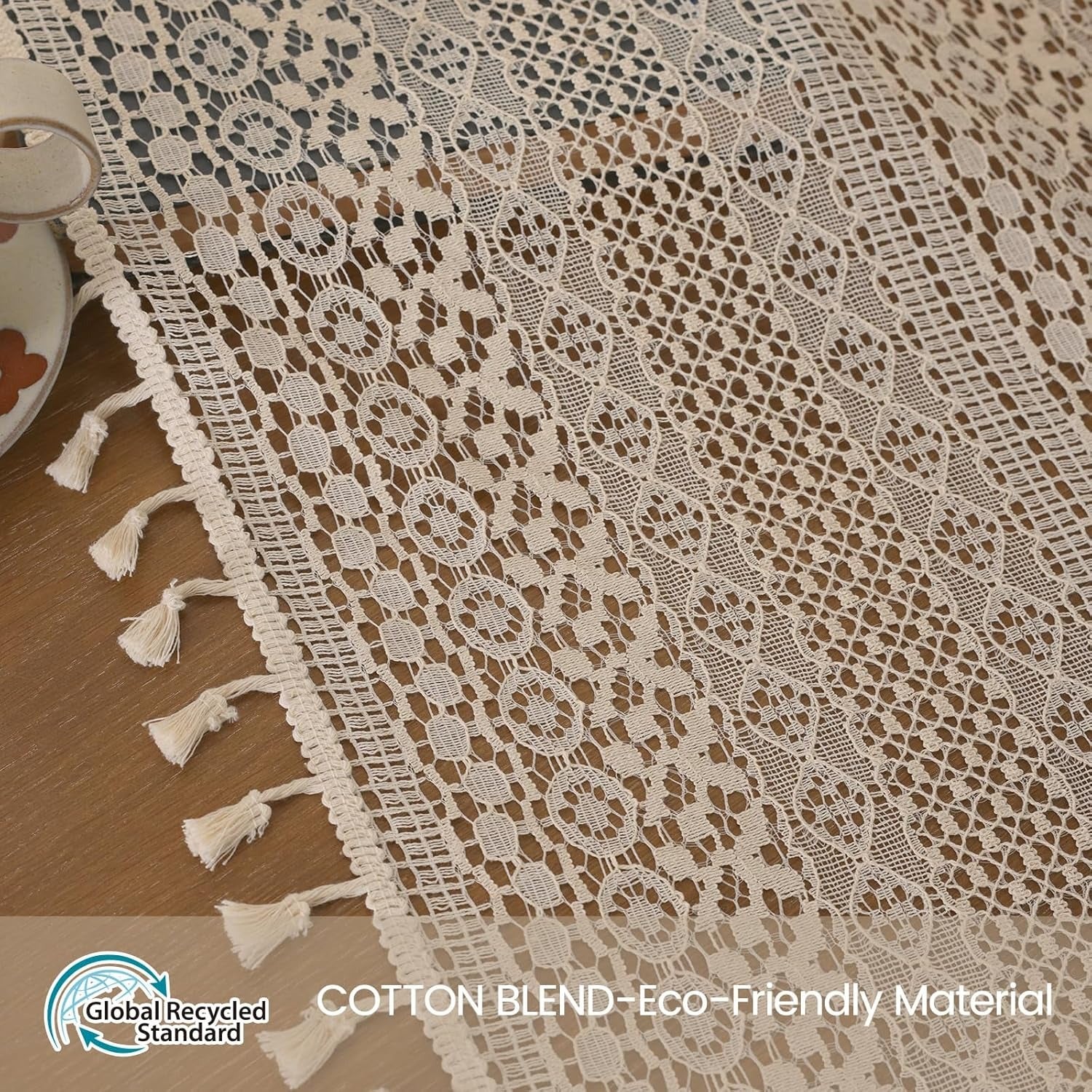 Boho Crochet Lace Curtains | Tassel & Geometry Stripe | Semi-Sheer | Rod Pocket | Terracotta | 2 Panels, 59"W