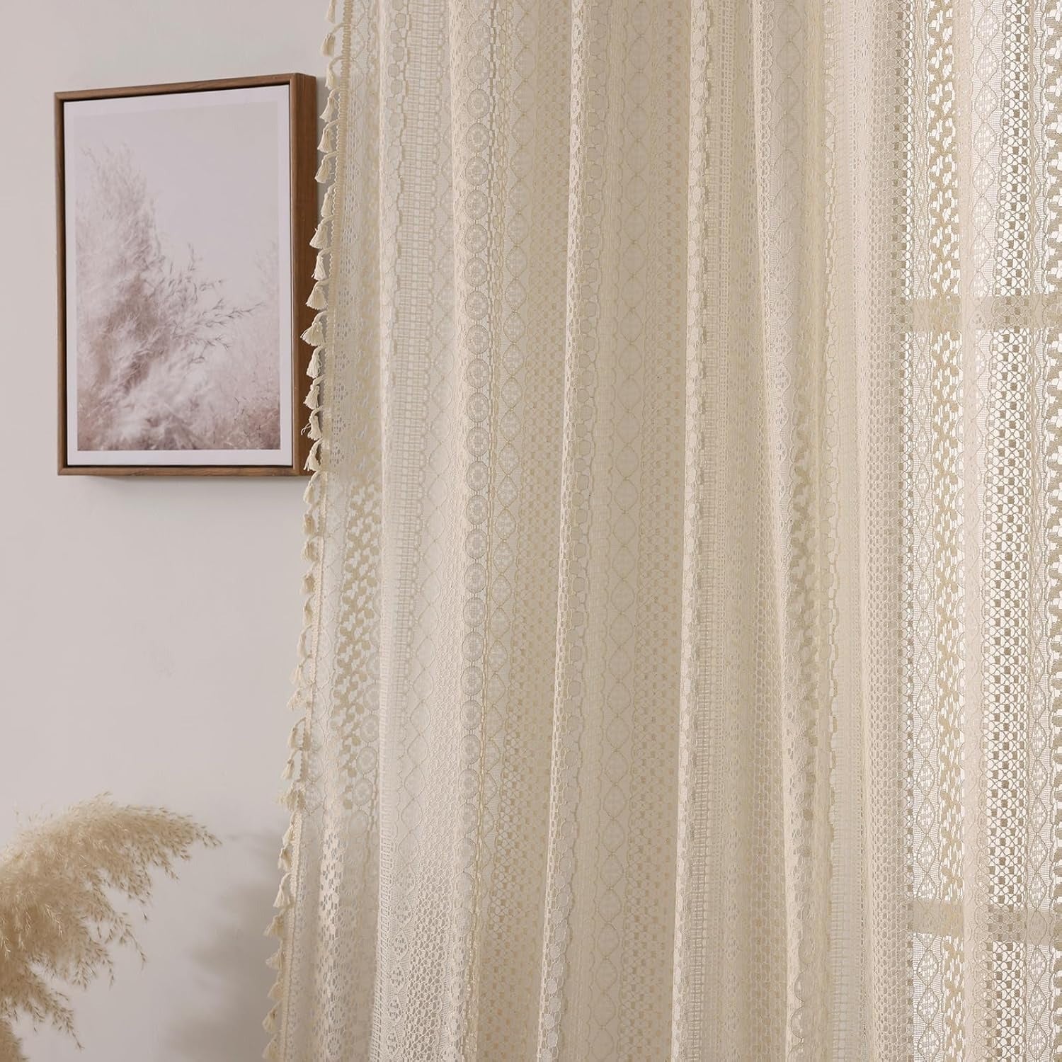 Boho Crochet Lace Curtains | Tassel & Geometry Stripe | Semi-Sheer | Rod Pocket | Terracotta | 2 Panels, 59"W