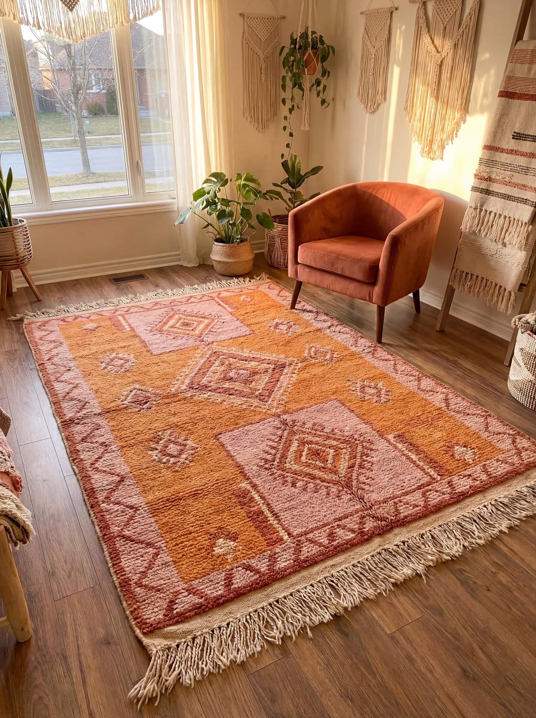 Moroccan Geometric Wool Rug | Terracotta & Blush Diamond Pattern | Boho Area Rug with Fringe