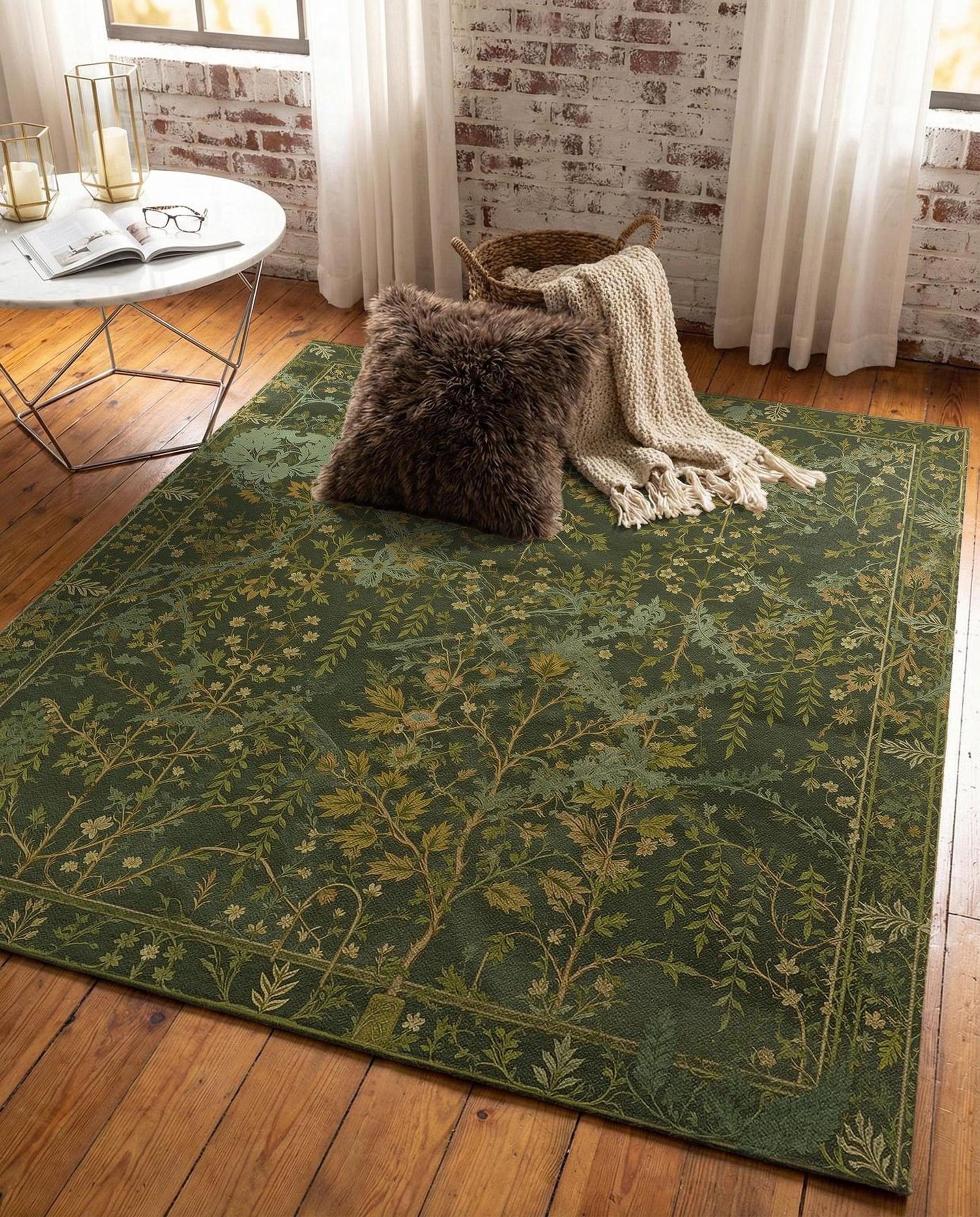 Dark Green Botanical Area Rug | Forest Leaves Arts & Crafts Design | Non-Slip | Multiple Sizes