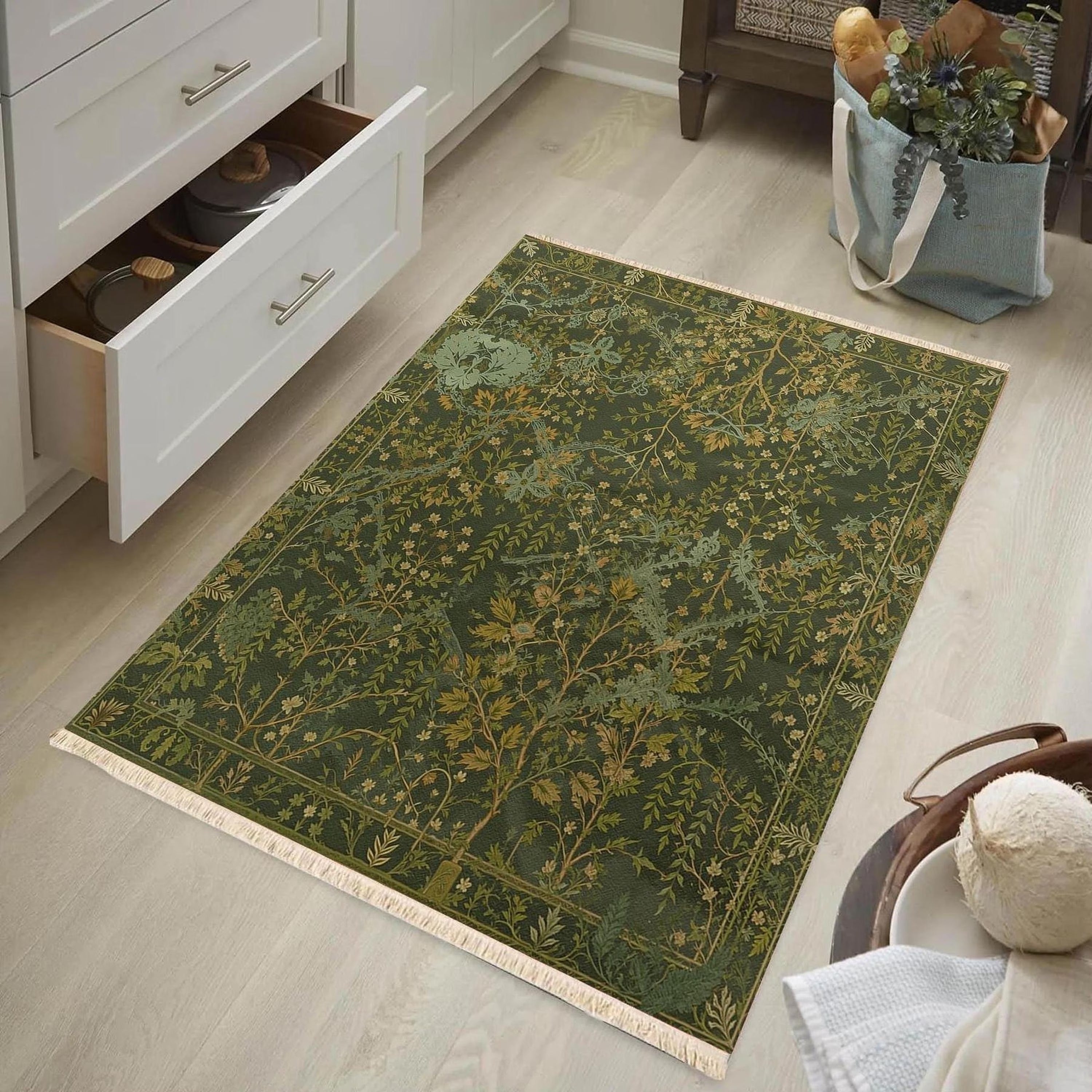 Dark Green Botanical Area Rug | Forest Leaves Arts & Crafts Design | Non-Slip | Multiple Sizes