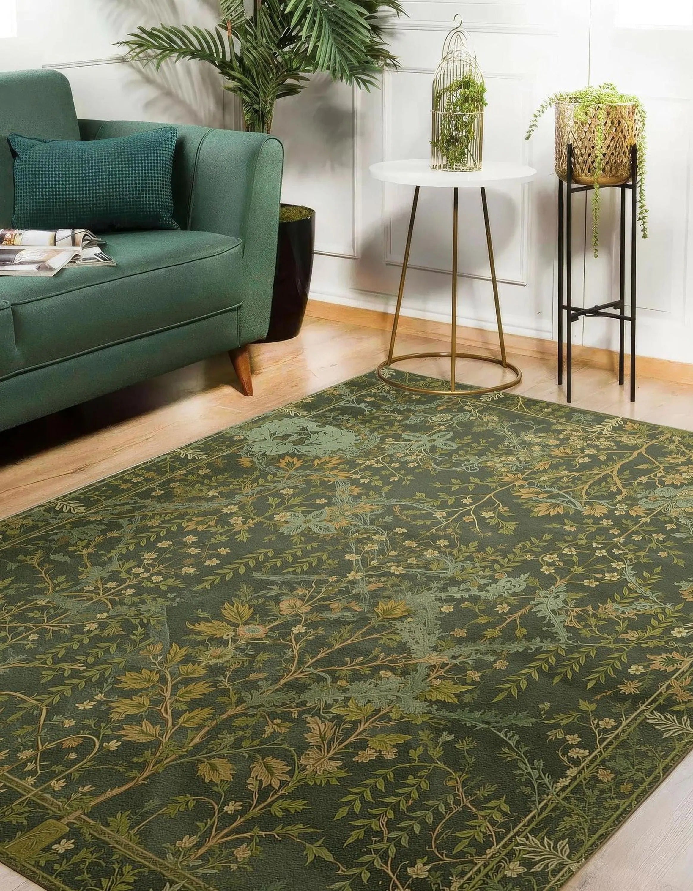 Dark Green Botanical Area Rug | Forest Leaves Arts & Crafts Design | Non-Slip | Multiple Sizes