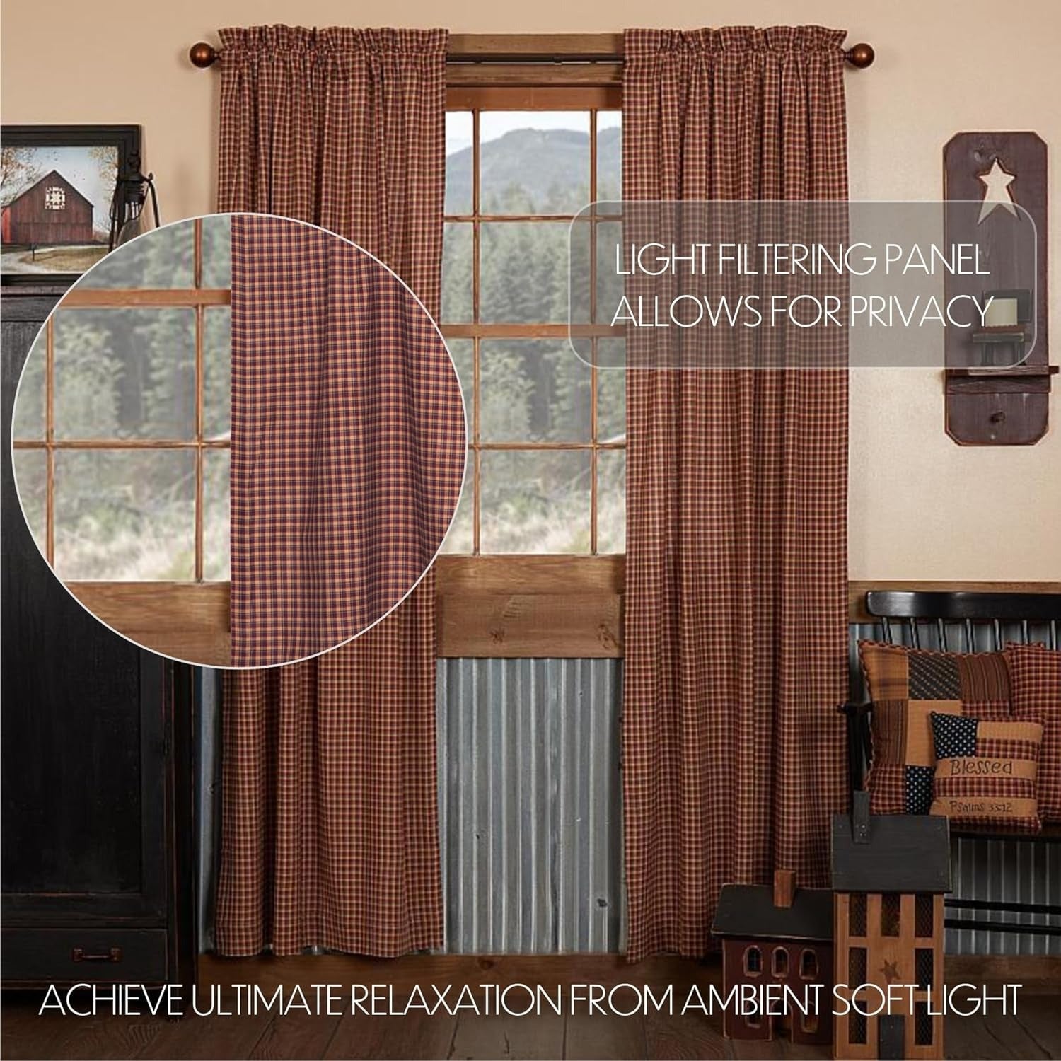 Primitive Plaid Cotton Curtains | Deep Red | Rod Pocket with Tiebacks | Farmhouse Country Style