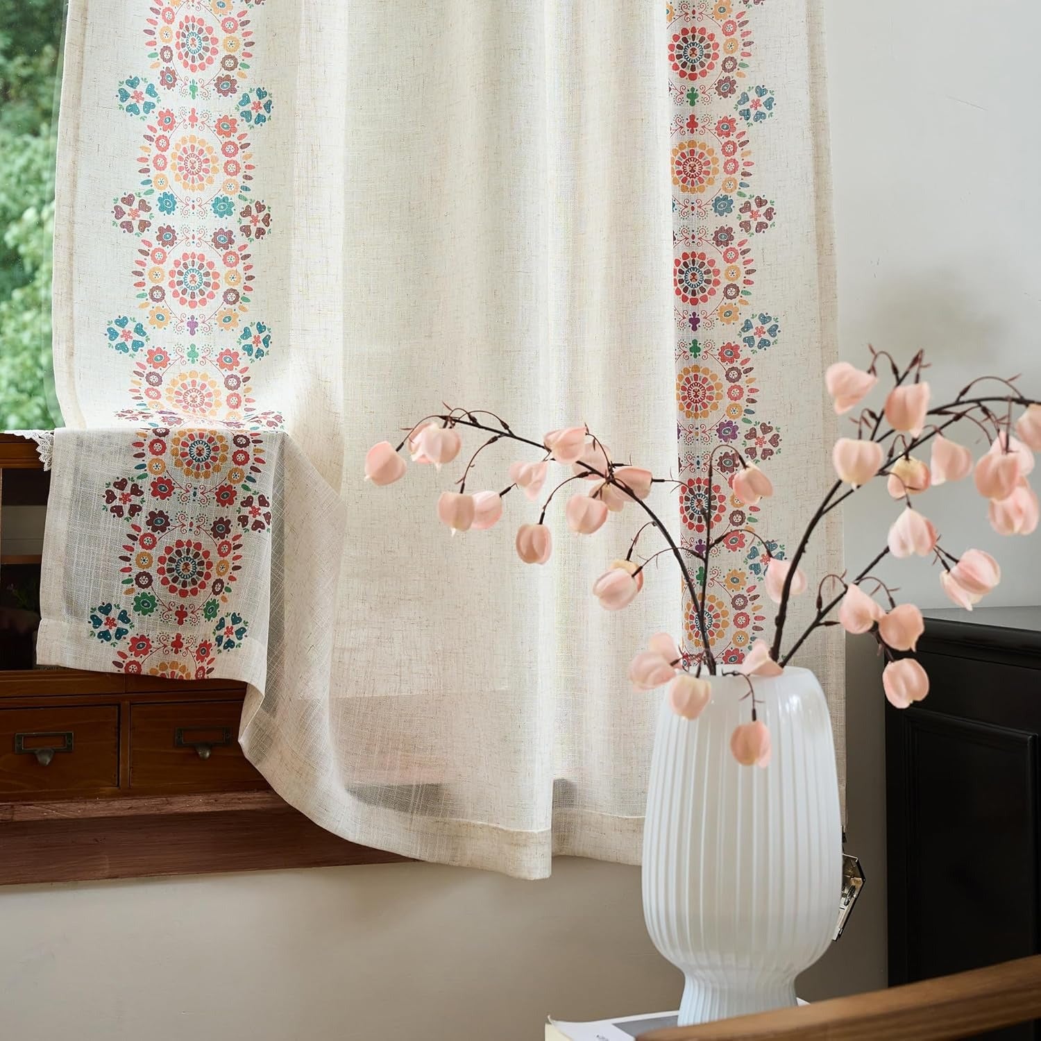 Boho Linen Curtains | Farmhouse Floral Print | Light Filtering | Back Tab & Rod Pocket | 2 Panels, 50"W