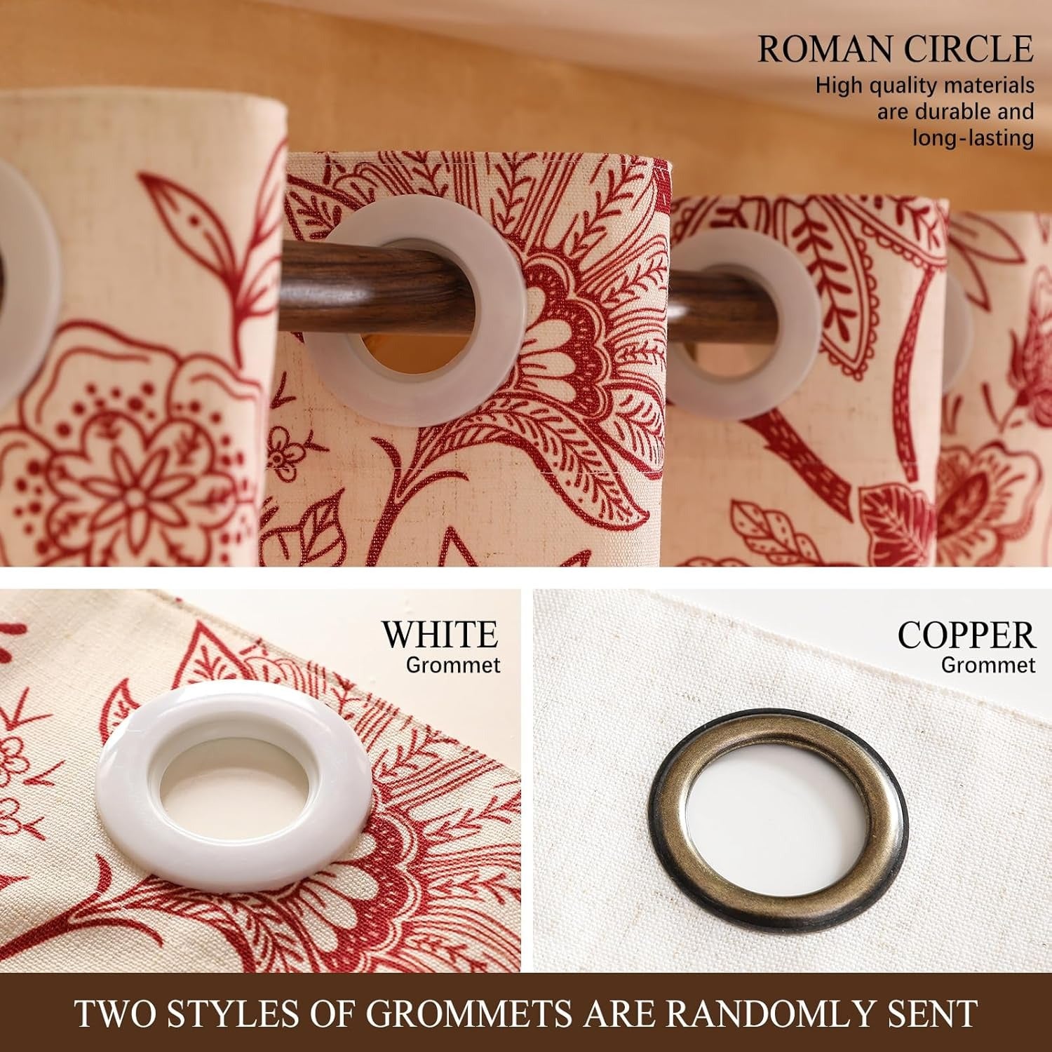 Vintage Linen Semi-Blackout Curtains with Grommets | Red Floral Cottage Style | Living Room, Bedroom & Kitchen | 2 Panels
