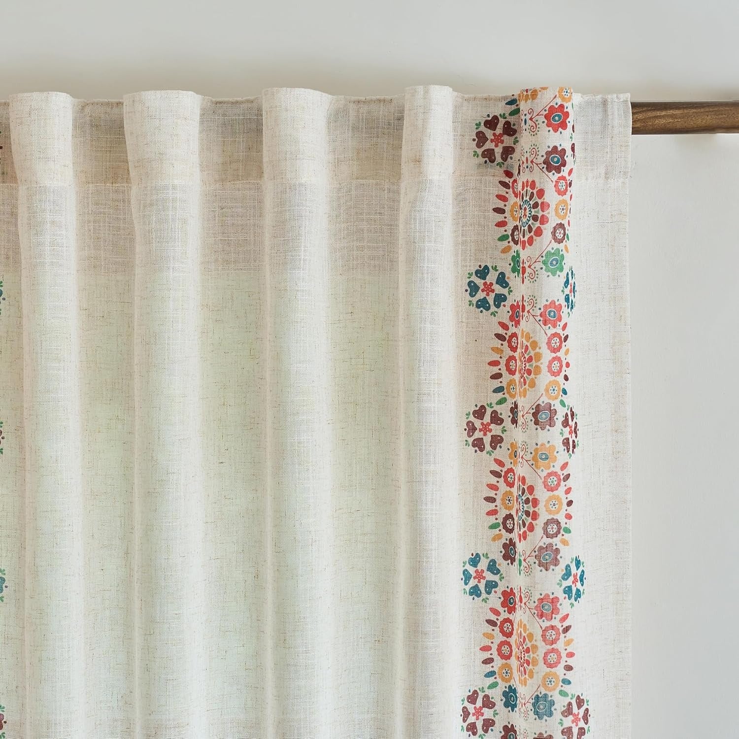 Boho Linen Curtains | Farmhouse Floral Print | Light Filtering | Back Tab & Rod Pocket | 2 Panels, 50"W