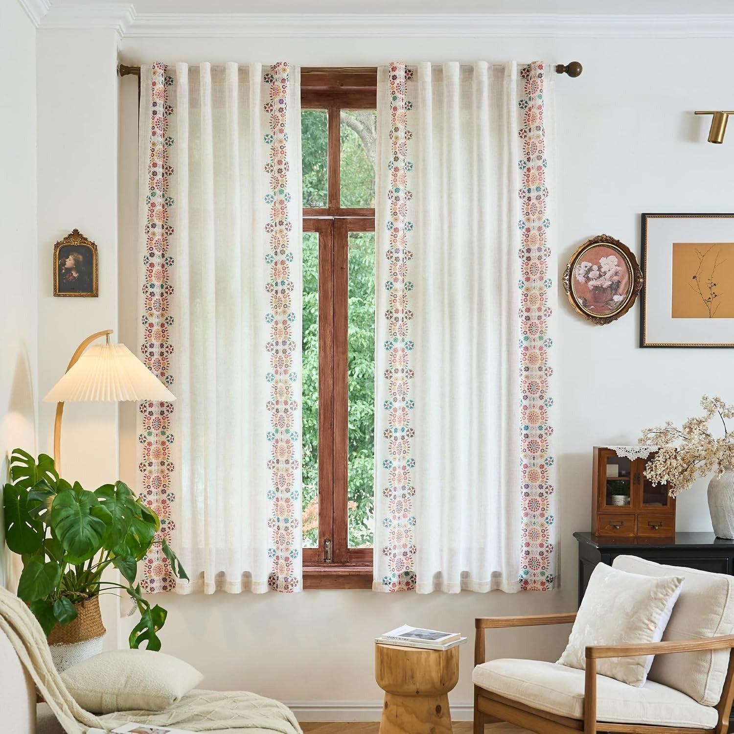 Boho Linen Curtains | Farmhouse Floral Print | Light Filtering | Back Tab & Rod Pocket | 2 Panels, 50"W