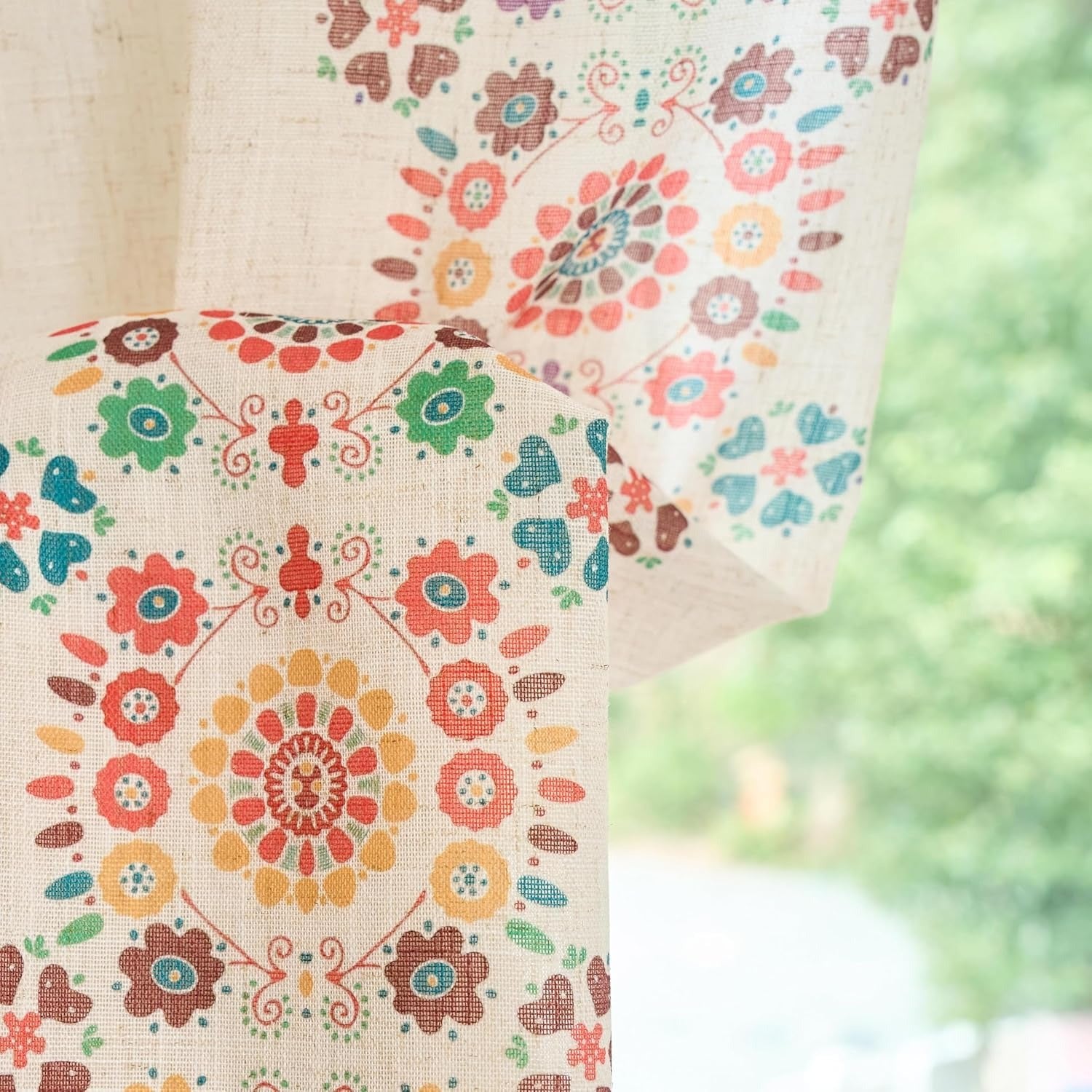 Boho Linen Curtains | Farmhouse Floral Print | Light Filtering | Back Tab & Rod Pocket | 2 Panels, 50"W