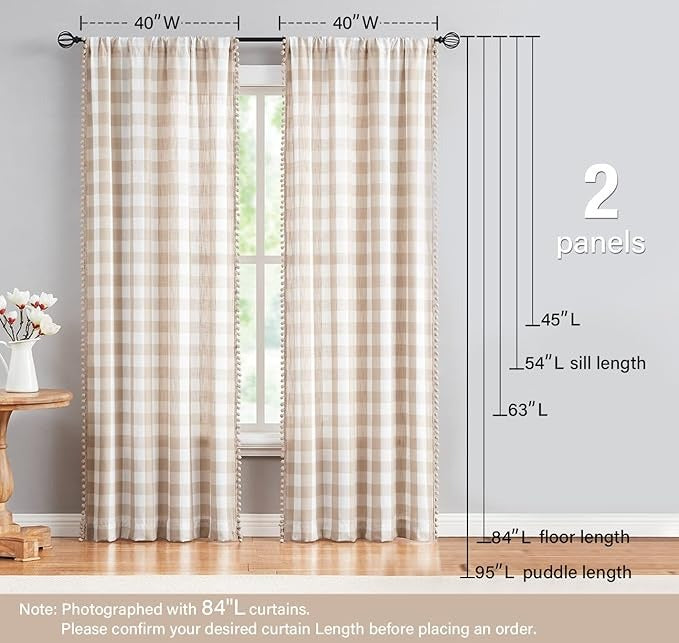 Buffalo Check Curtains with Pom Pom Border | Semi-Sheer Farmhouse Drapes | Taupe & White | Rod Pocket | 2 Panels