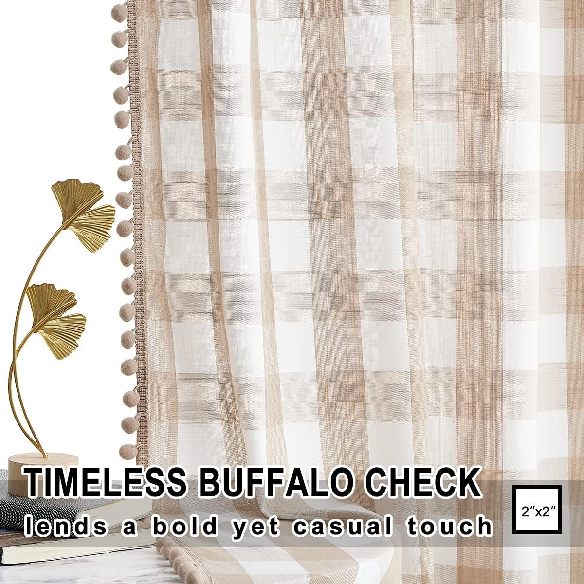 Buffalo Check Curtains with Pom Pom Border | Semi-Sheer Farmhouse Drapes | Taupe & White | Rod Pocket | 2 Panels