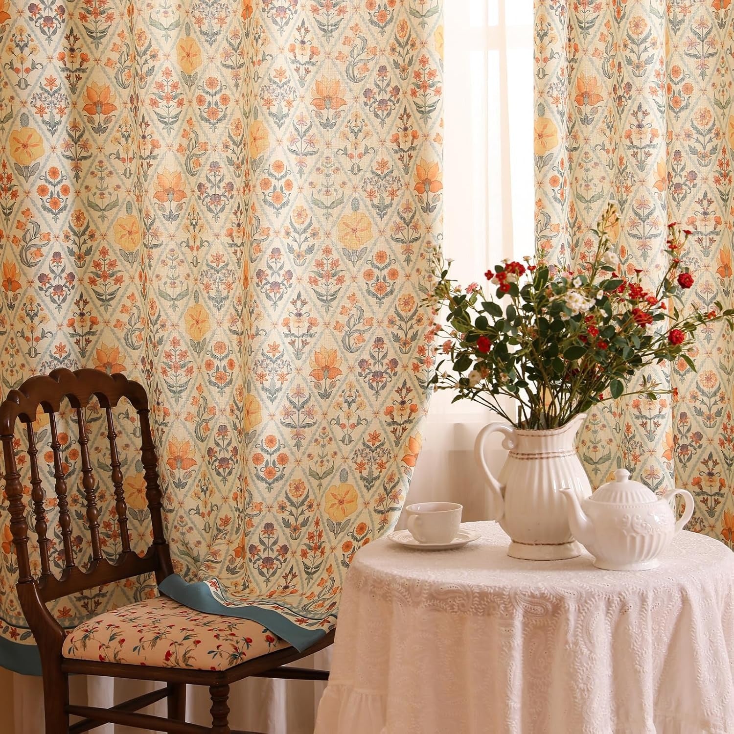 Vintage Semi-Blackout Colorful Floral Curtains with Grommets | Linen Blend | 2 Panels, 53"W × 94"L