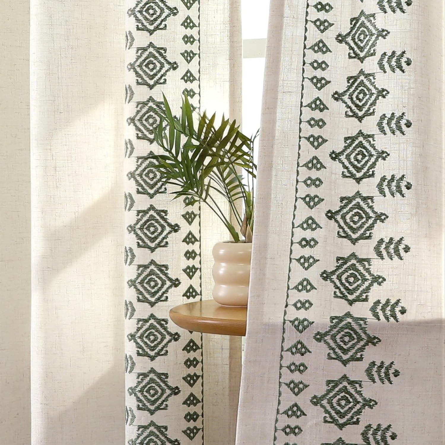 Burgundy Red Embroidered Linen Curtains | Boho Jacquard Drapes | Back Tab & Rod Pocket | 2 Panel Set