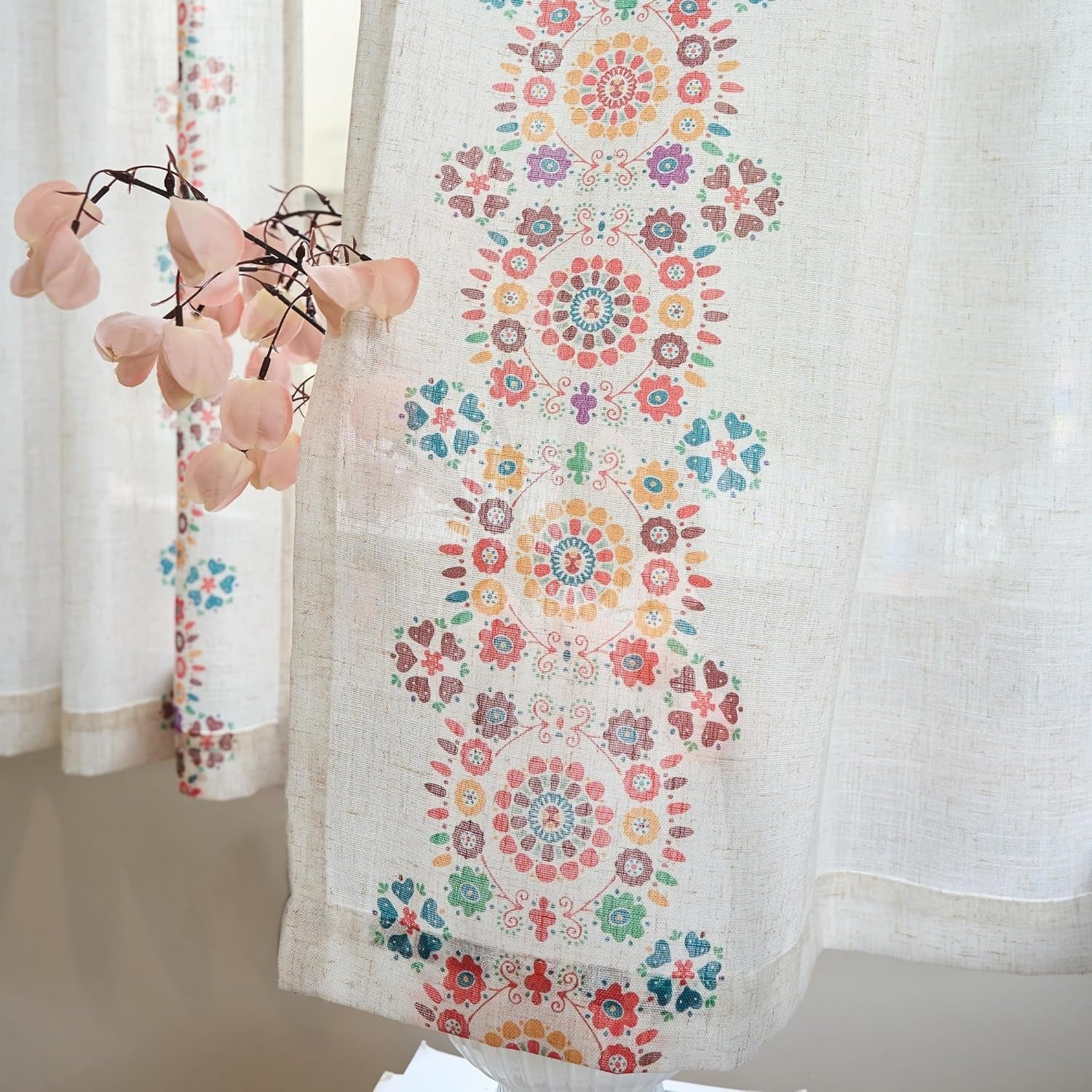 Boho Linen Curtains | Farmhouse Floral Print | Light Filtering | Back Tab & Rod Pocket | 2 Panels, 50"W