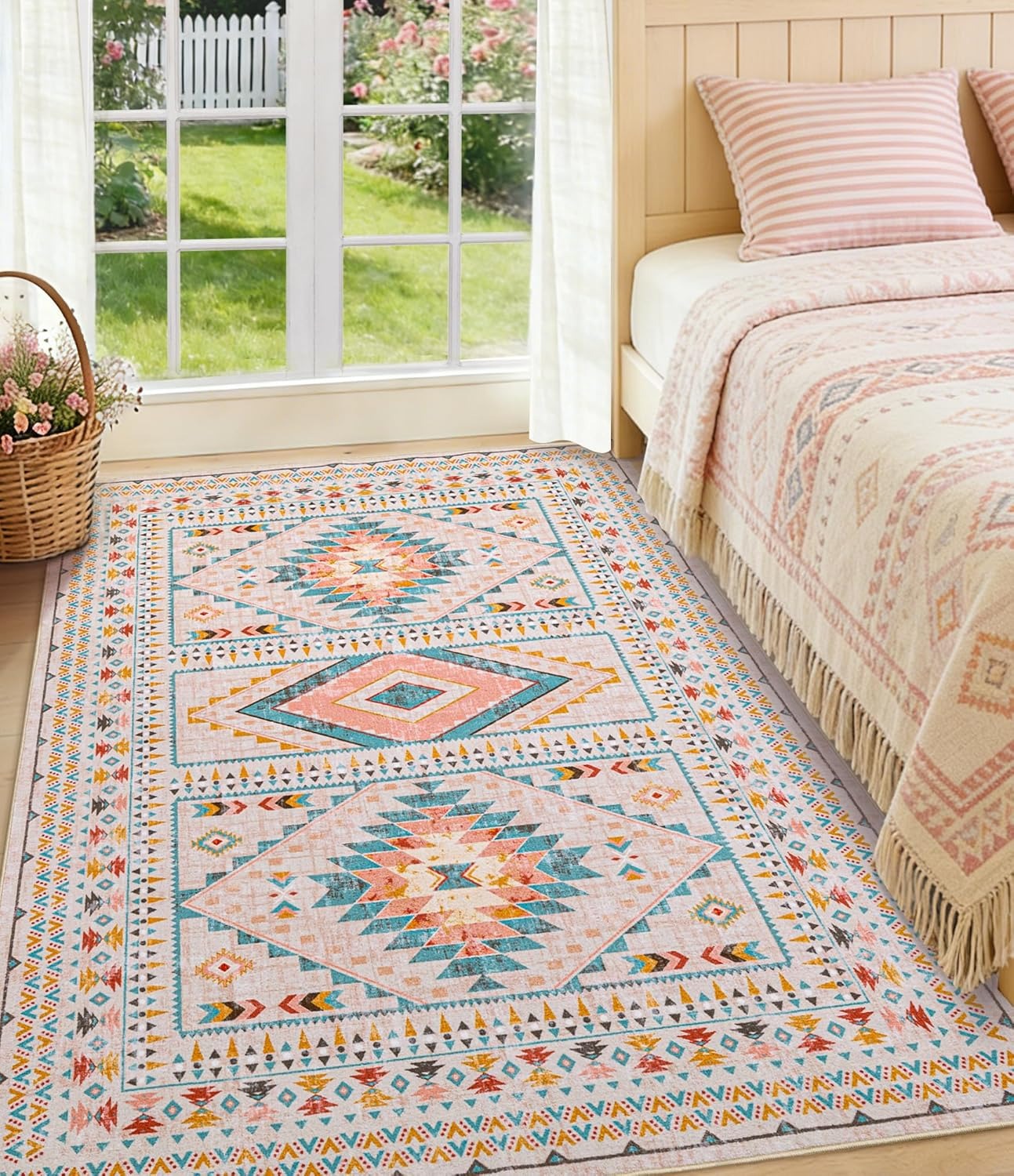 Pink Boho Tribal Area Rug | Geometric Medallion | Washable | Non-Slip | Soft Low Pile | 3 Sizes