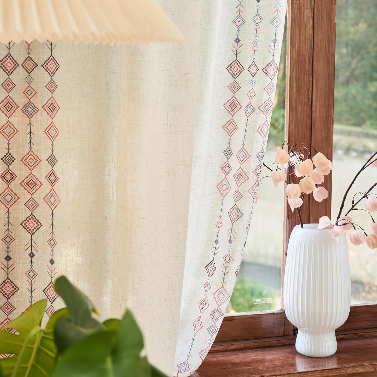 Boho Linen Curtains | Farmhouse Floral Print | Light Filtering | Back Tab & Rod Pocket | 2 Panels, 50"W
