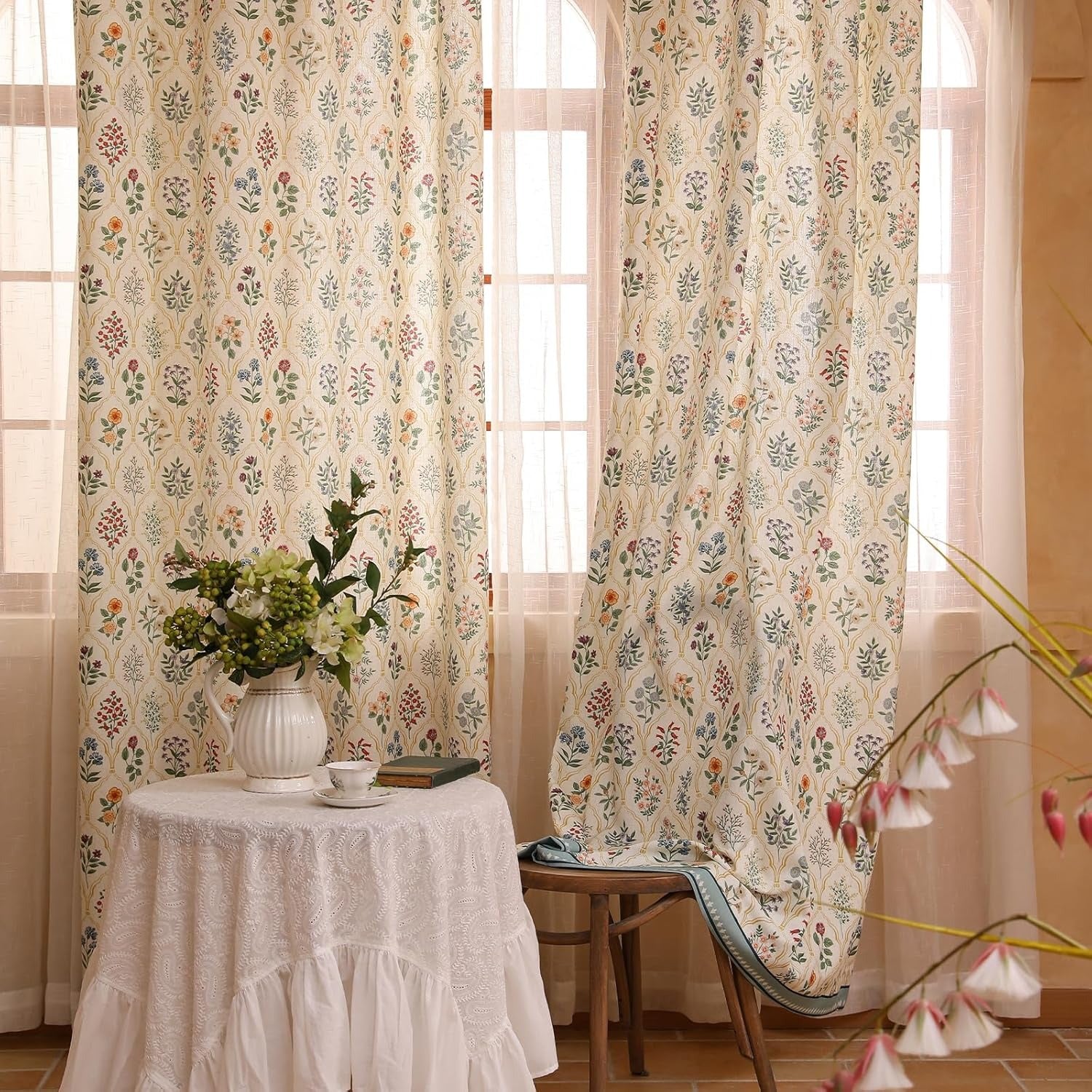 Vintage Semi-Blackout Colorful Floral Curtains with Grommets | Linen Blend | 2 Panels, 53"W × 94"L