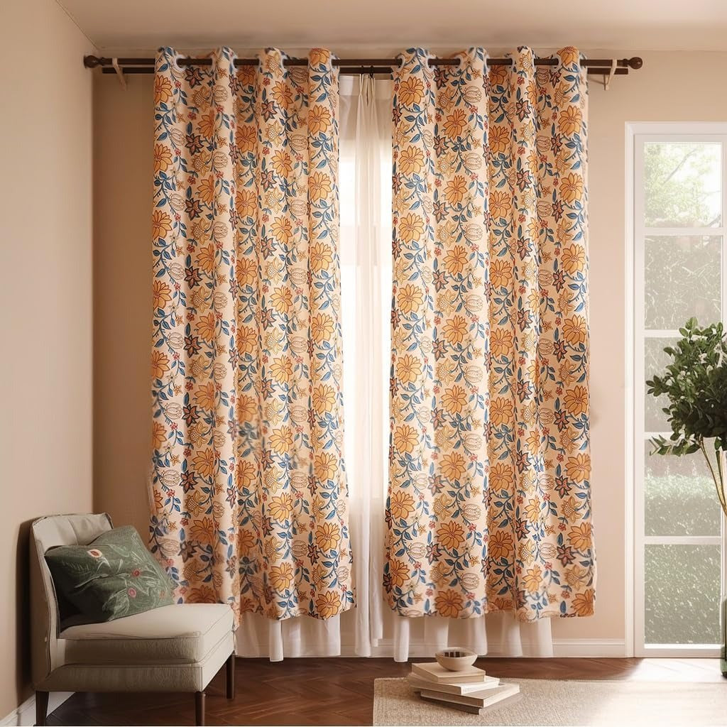 Vintage Semi-Blackout Colorful Floral Curtains with Grommets | Linen Blend | 2 Panels, 53"W × 94"L
