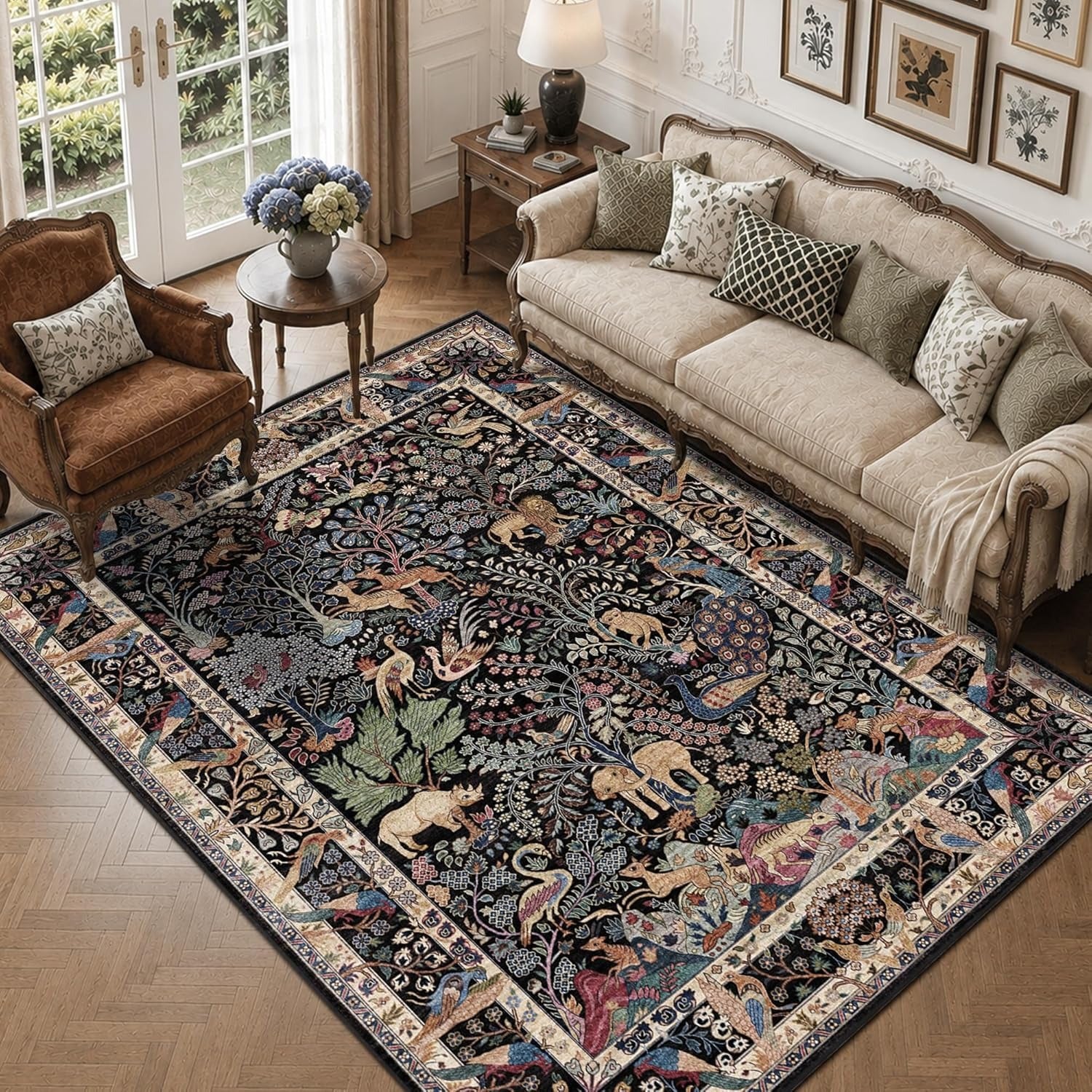 Vintage Animal Print Boho Area Rug | Washable | Non-Slip | Stain Resistant | Low Pile | Multiple Colors & Sizes