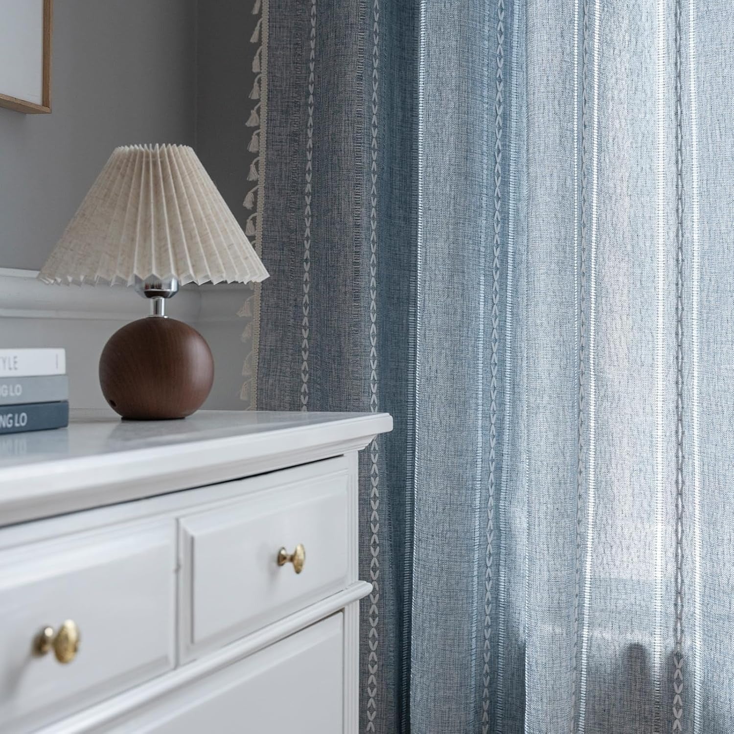 Boho Linen-Textured Curtains | Embroidered Stripe with Tassels | Light Filtering | 2 Panels