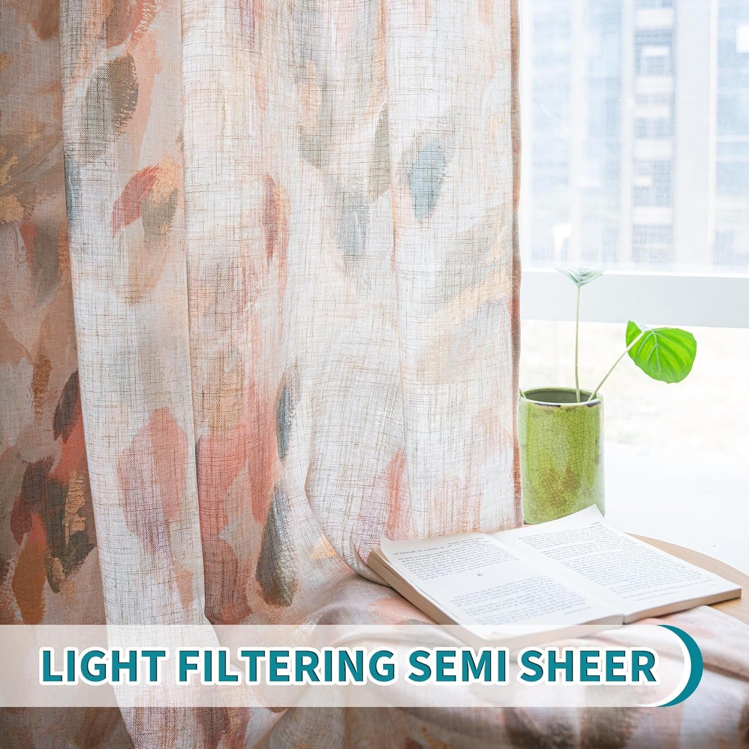 Floral Linen Curtains | Light Filtering Grommet Drapes | Coral & Orange | 52"W × 84"L | 2 Panels