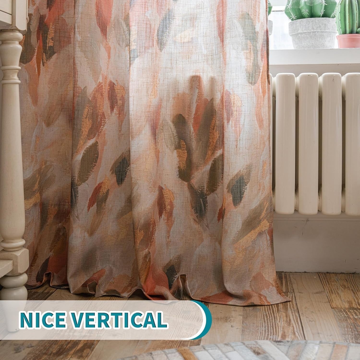Floral Linen Curtains | Light Filtering Grommet Drapes | Coral & Orange | 52"W × 84"L | 2 Panels