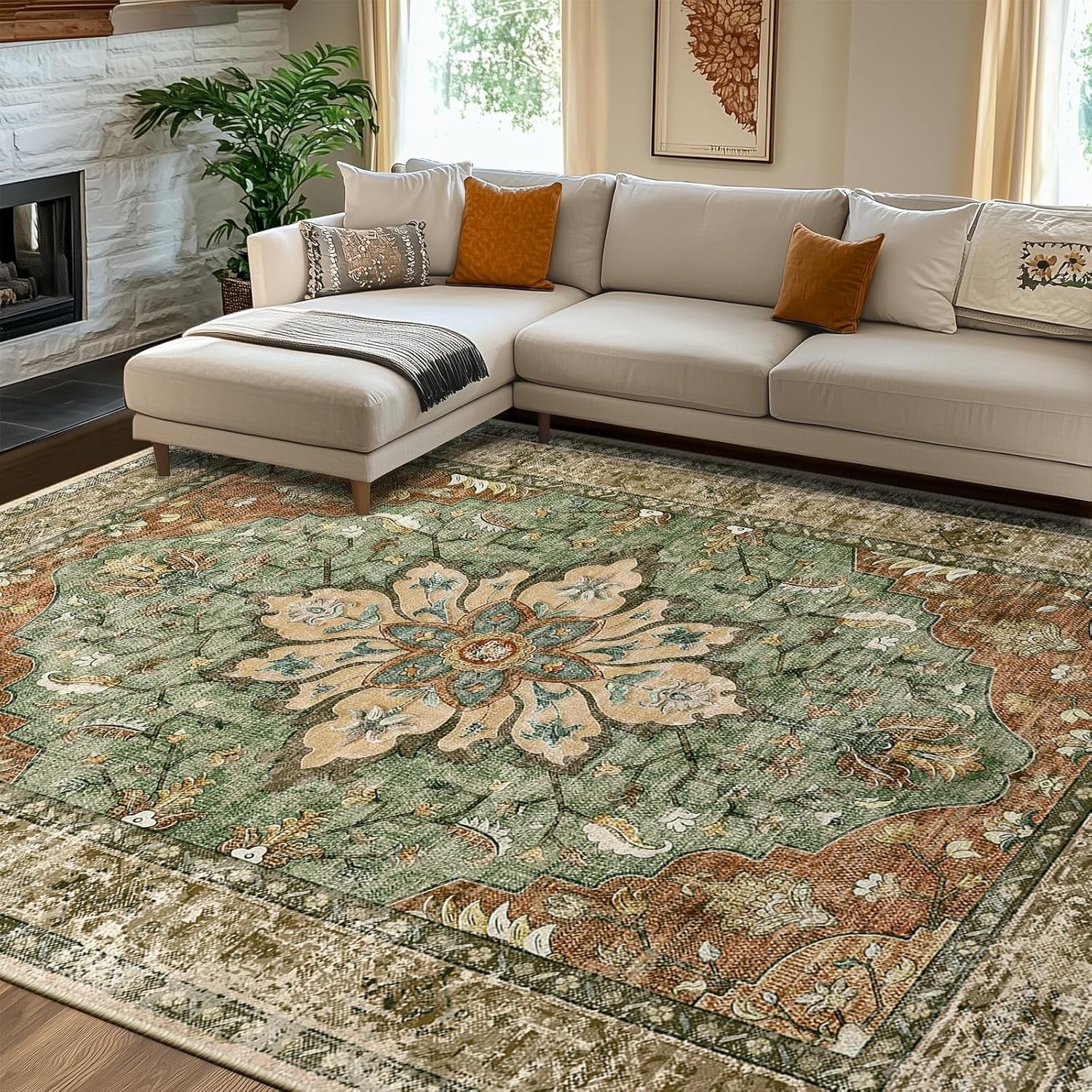 Vintage Floral Medallion Area Rug | Terracotta & Burnt Orange | Washable | Non-Slip | Low Pile | Multiple Sizes