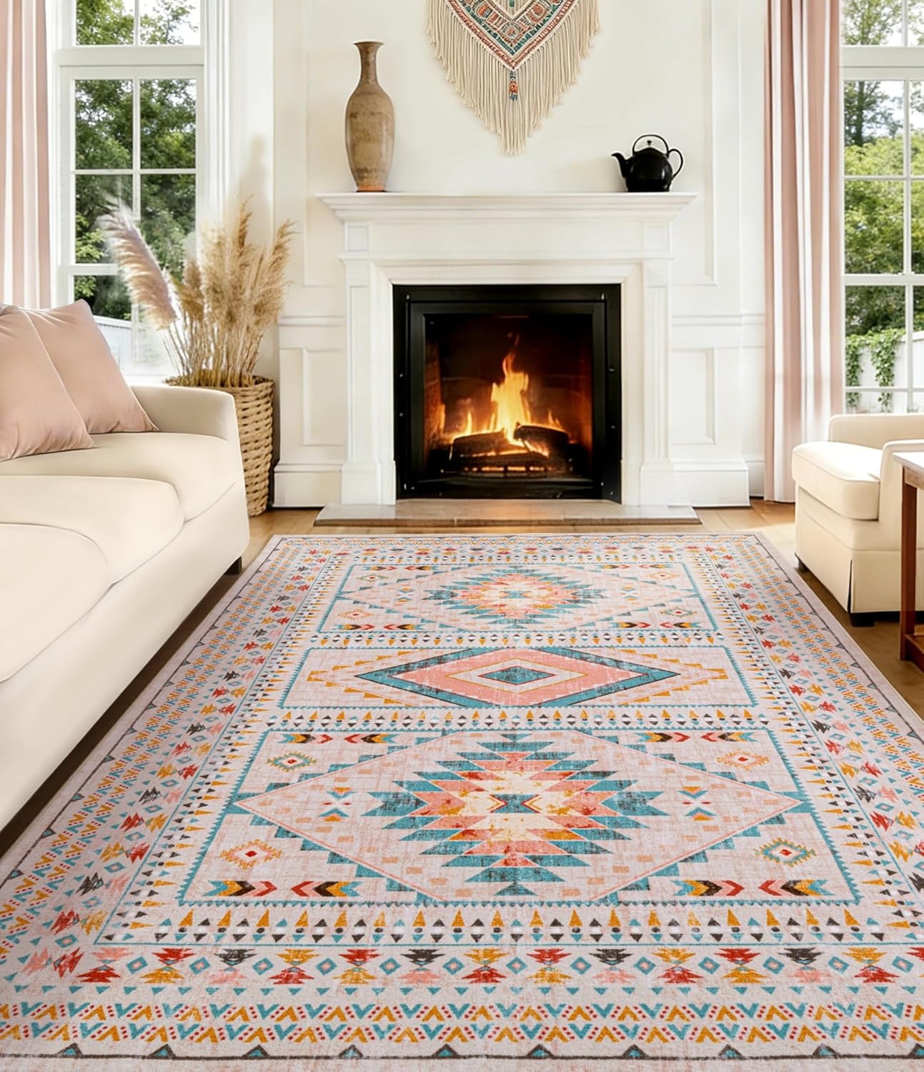 Pink Boho Tribal Area Rug | Geometric Medallion | Washable | Non-Slip | Soft Low Pile | 3 Sizes