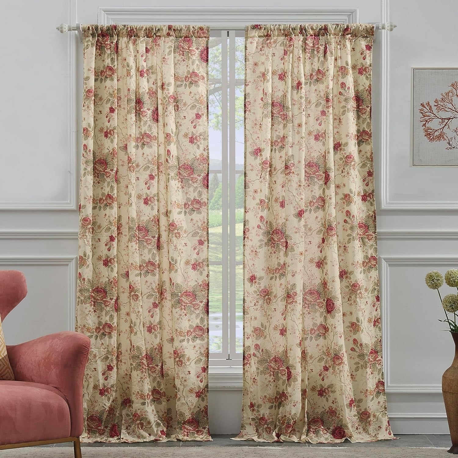Antique Rose 100% Cotton Curtain Collection | Rod Pocket | Panel or Valance