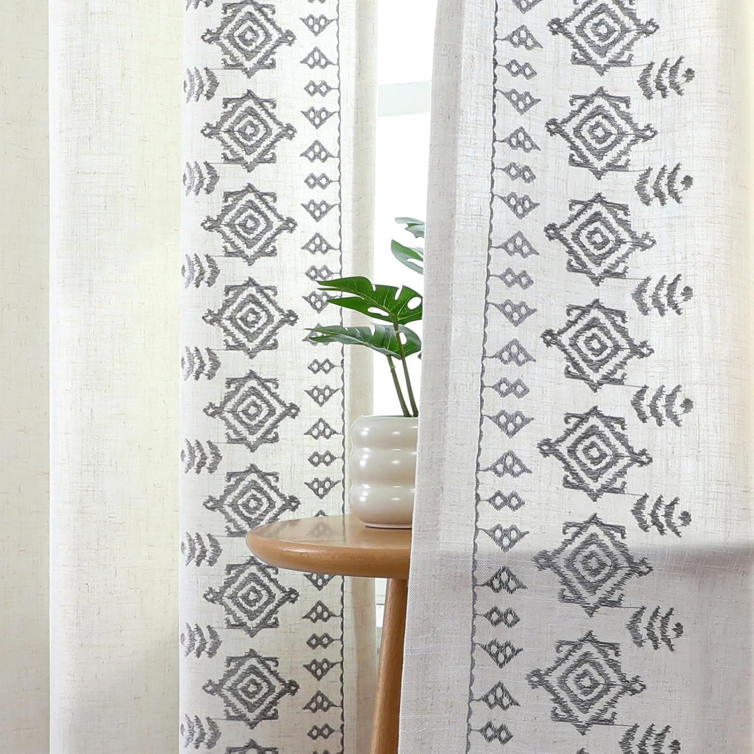 Burgundy Red Embroidered Linen Curtains | Boho Jacquard Drapes | Back Tab & Rod Pocket | 2 Panel Set