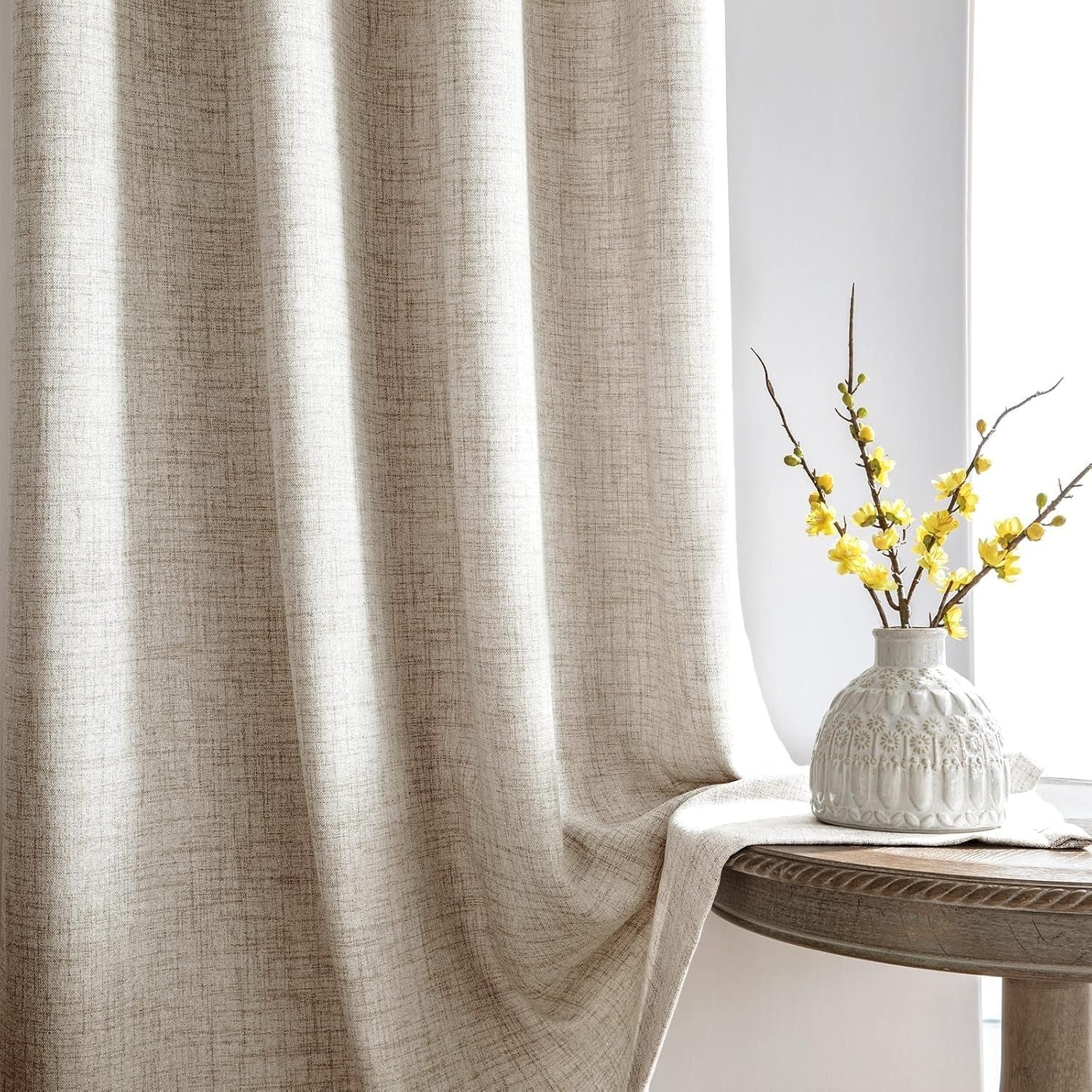 Linen-Look Curtains with Ruffle Tape | Semi-Sheer | Beige | Multiple Sizes | Rod, Hook & Drawstring