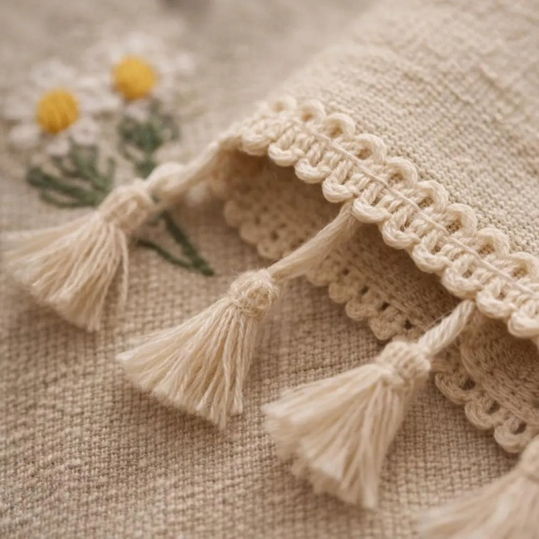 Embroidered Linen Curtain Panel | Boho Floral Fringe | Light Filtering Drapes