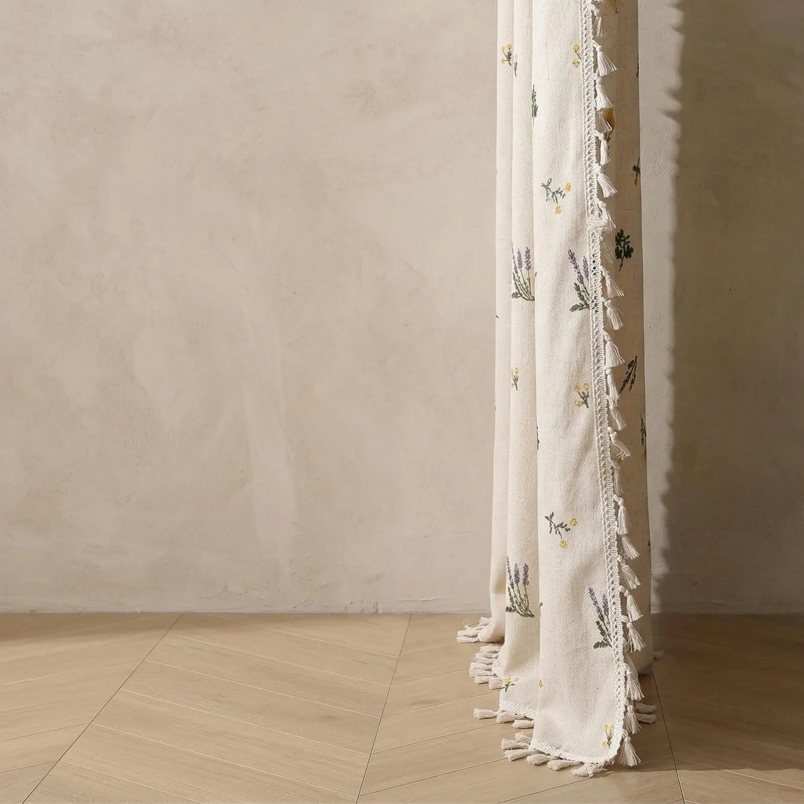 Embroidered Linen Curtain Panel | Boho Floral Fringe | Light Filtering Drapes