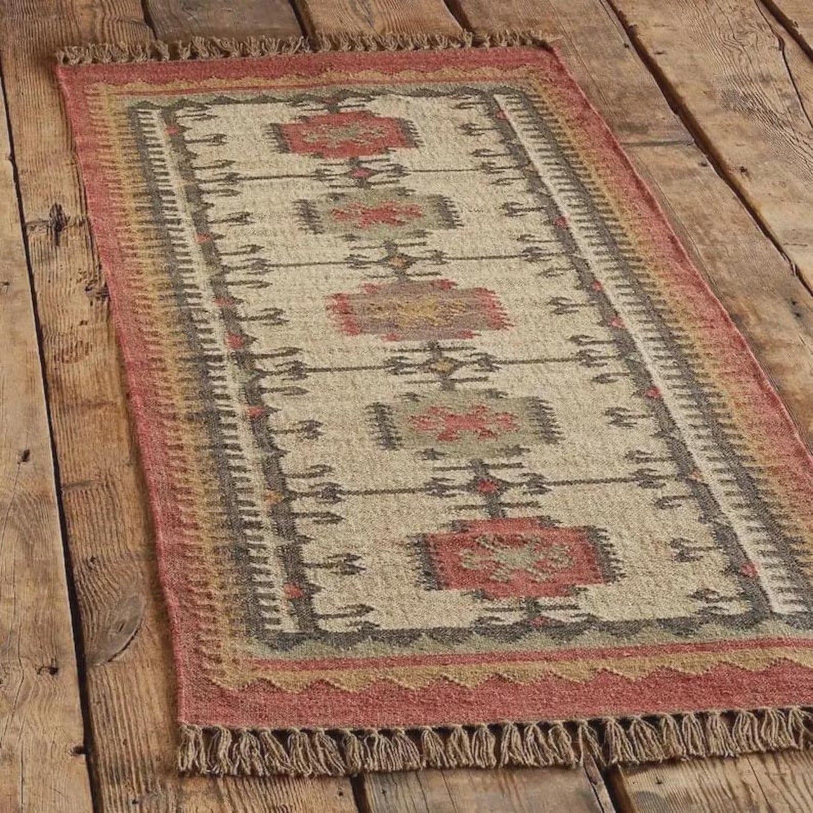 Handwoven Wool Kilim Rug | Southwestern Boho Tribal Design | Flatweave | Reversible