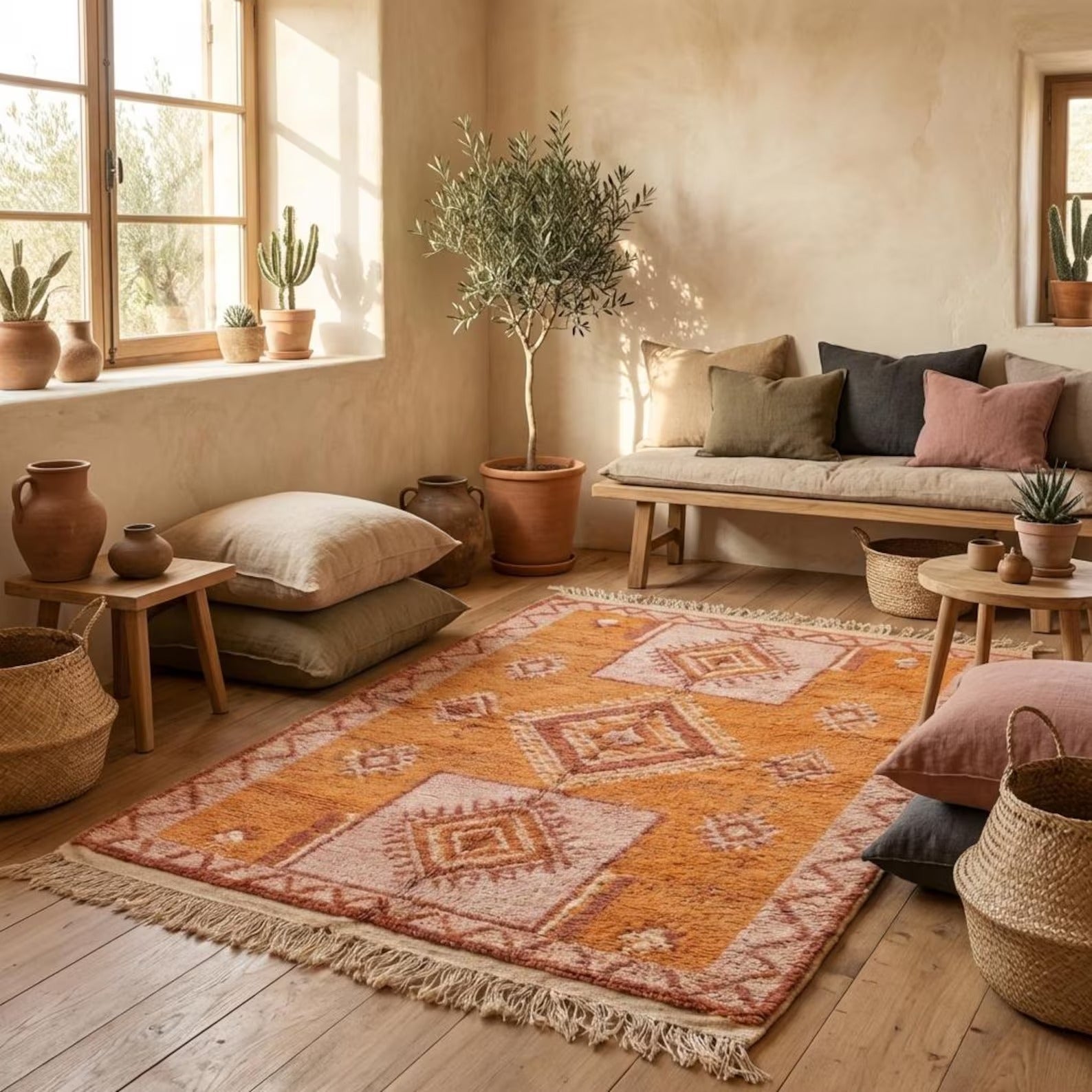 Moroccan Geometric Wool Rug | Terracotta & Blush Diamond Pattern | Boho Area Rug with Fringe