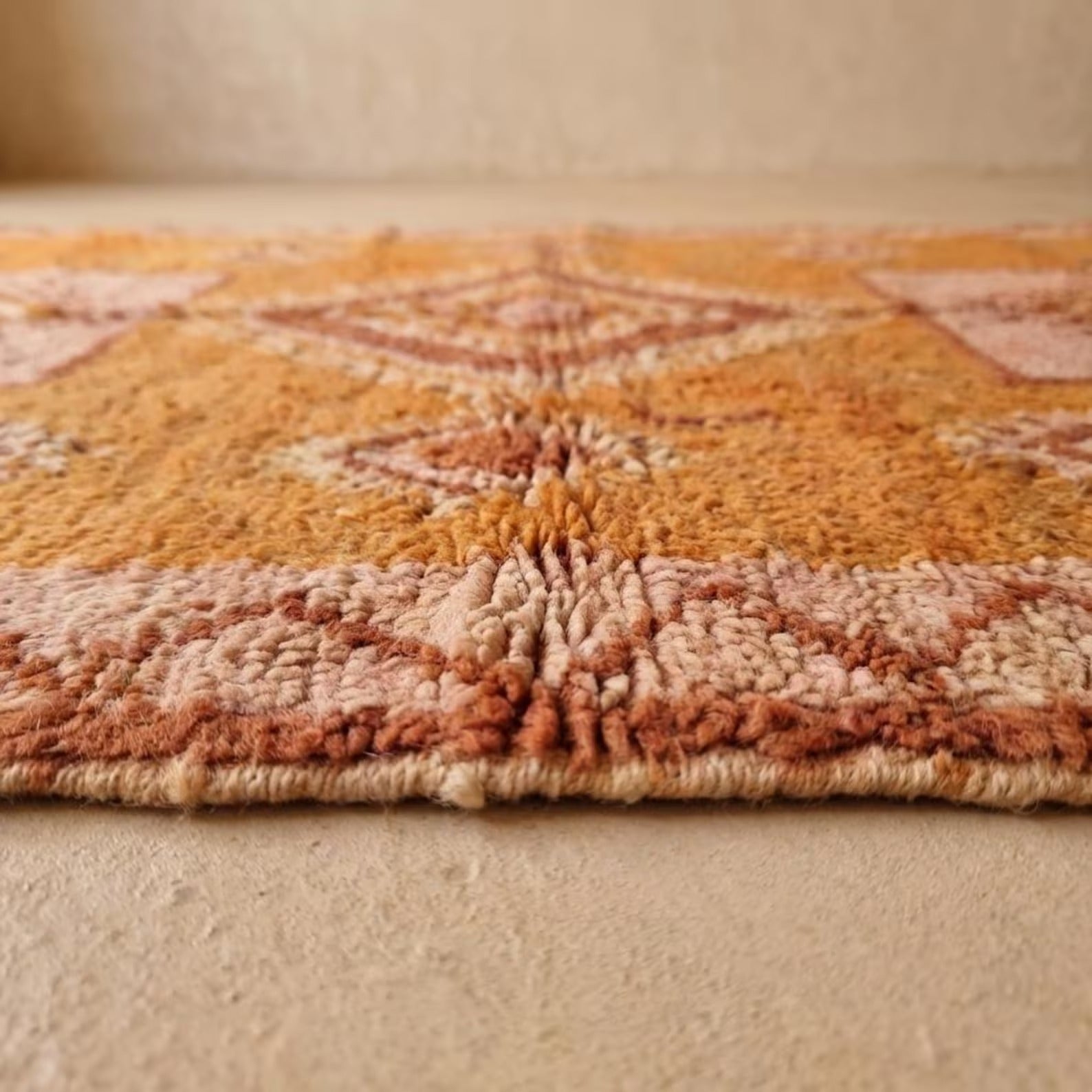 Moroccan Geometric Wool Rug | Terracotta & Blush Diamond Pattern | Boho Area Rug with Fringe