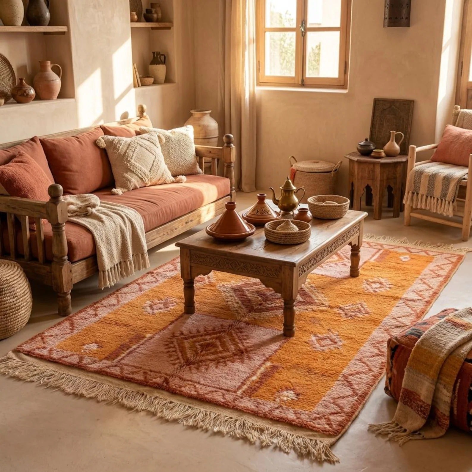 Moroccan Geometric Wool Rug | Terracotta & Blush Diamond Pattern | Boho Area Rug with Fringe