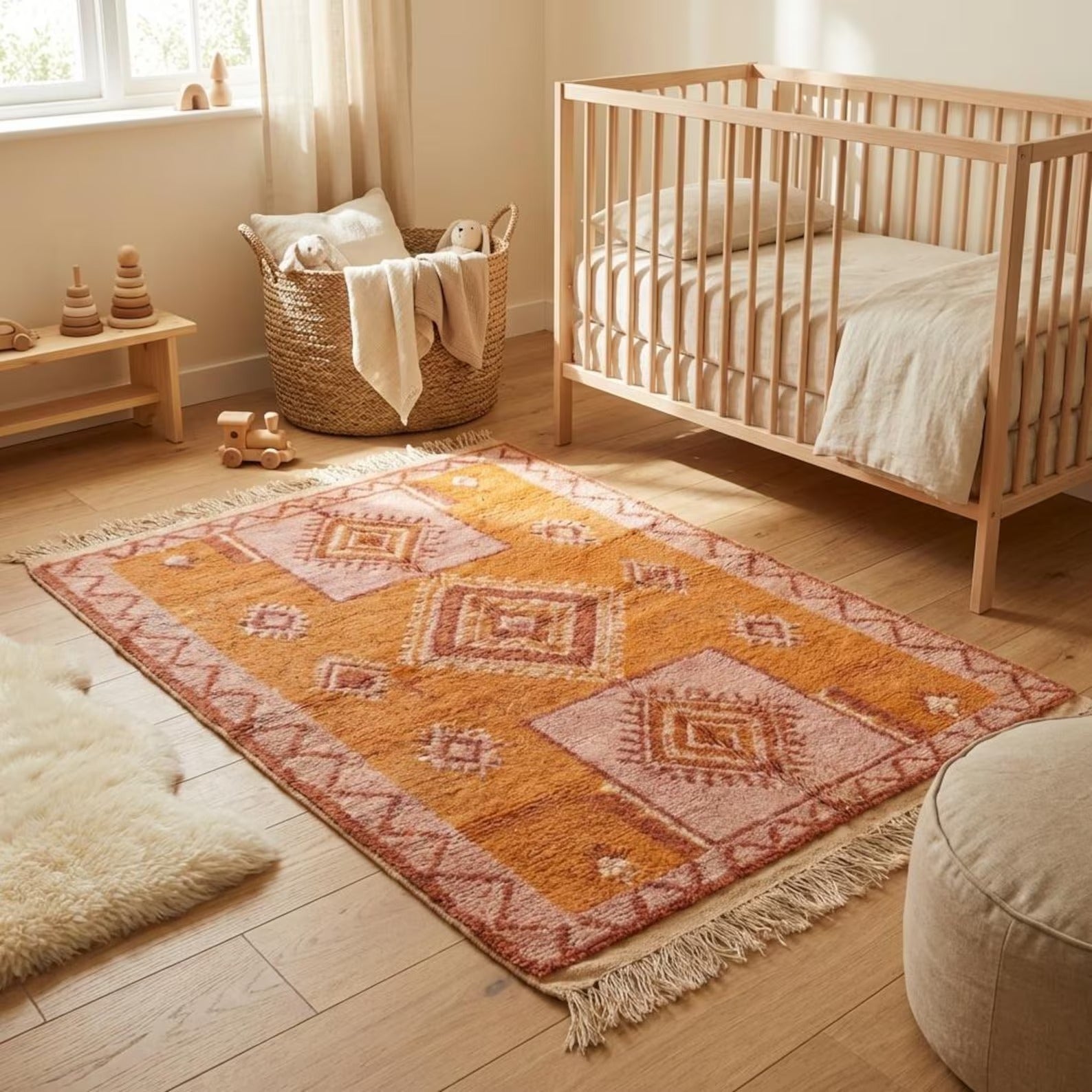 Moroccan Geometric Wool Rug | Terracotta & Blush Diamond Pattern | Boho Area Rug with Fringe