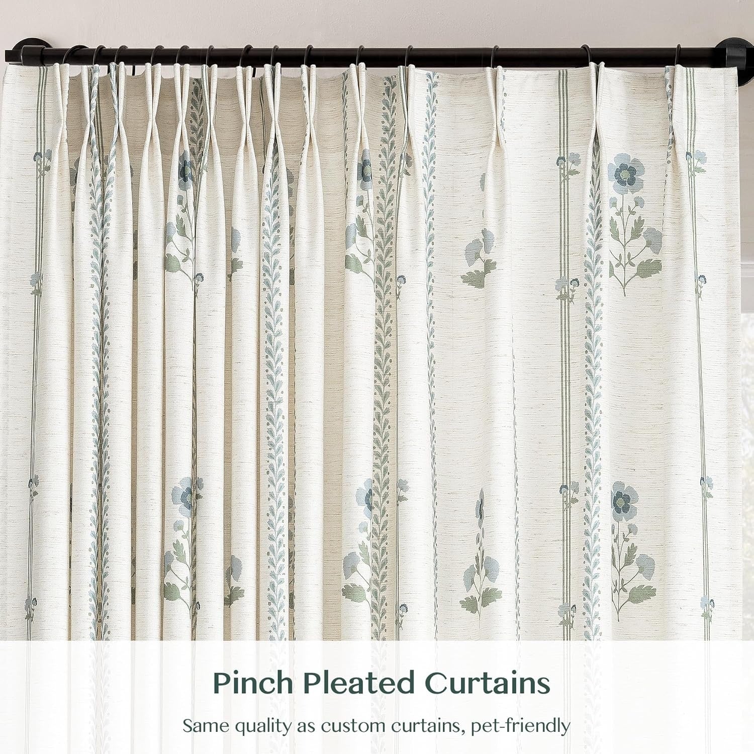Pinch Pleat Floral Curtains | Heavyweight Linen Blend | Light Filtering | Hooks Included | 2 Panels