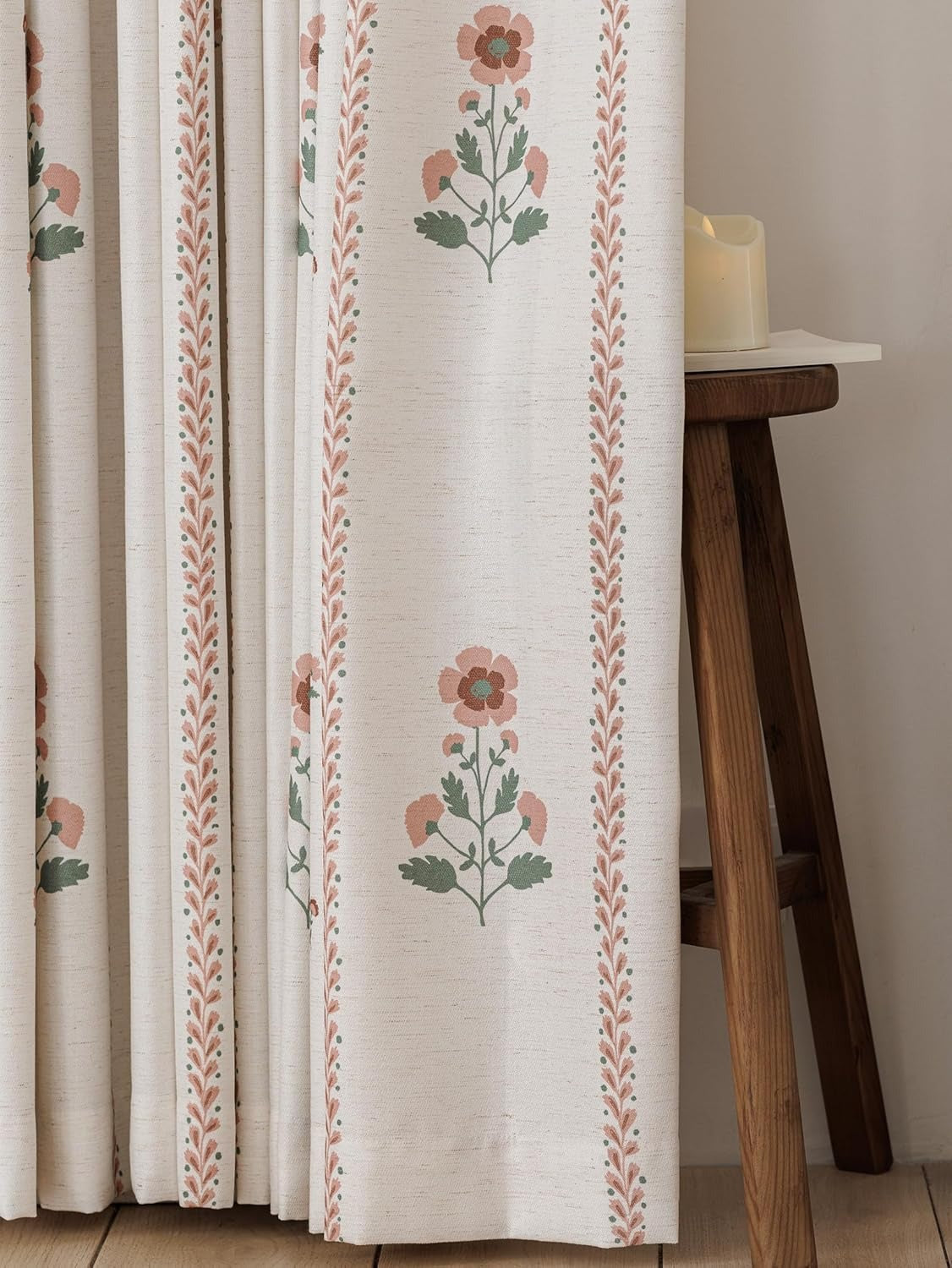 Pinch Pleat Floral Curtains | Heavyweight Linen Blend | Light Filtering | Hooks Included | 2 Panels